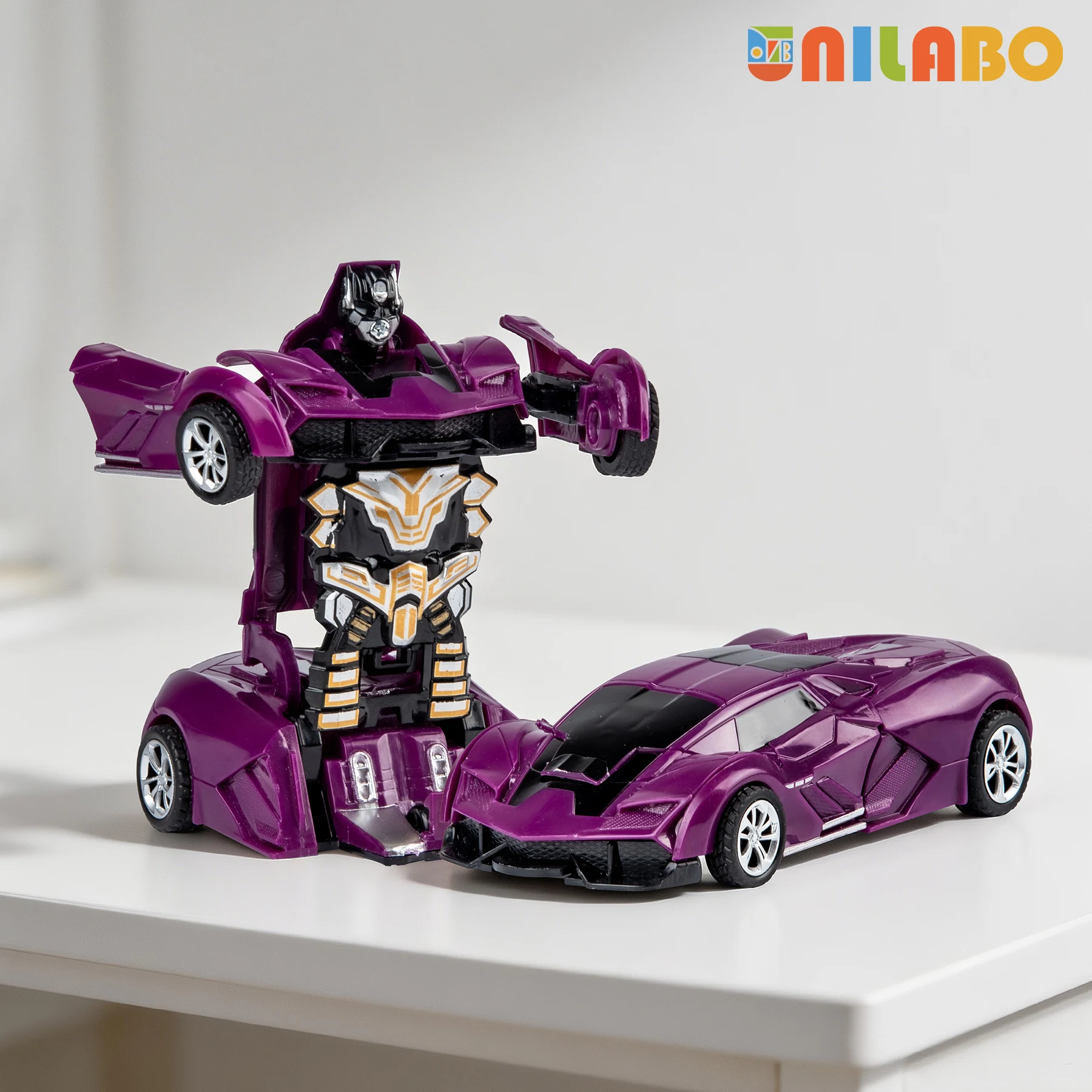 Robot Car Toy for Kids- 2-in-1 Inertia Impact Morphing Police Vehicle Toy, One-Step Collision Deformation STEM Toy