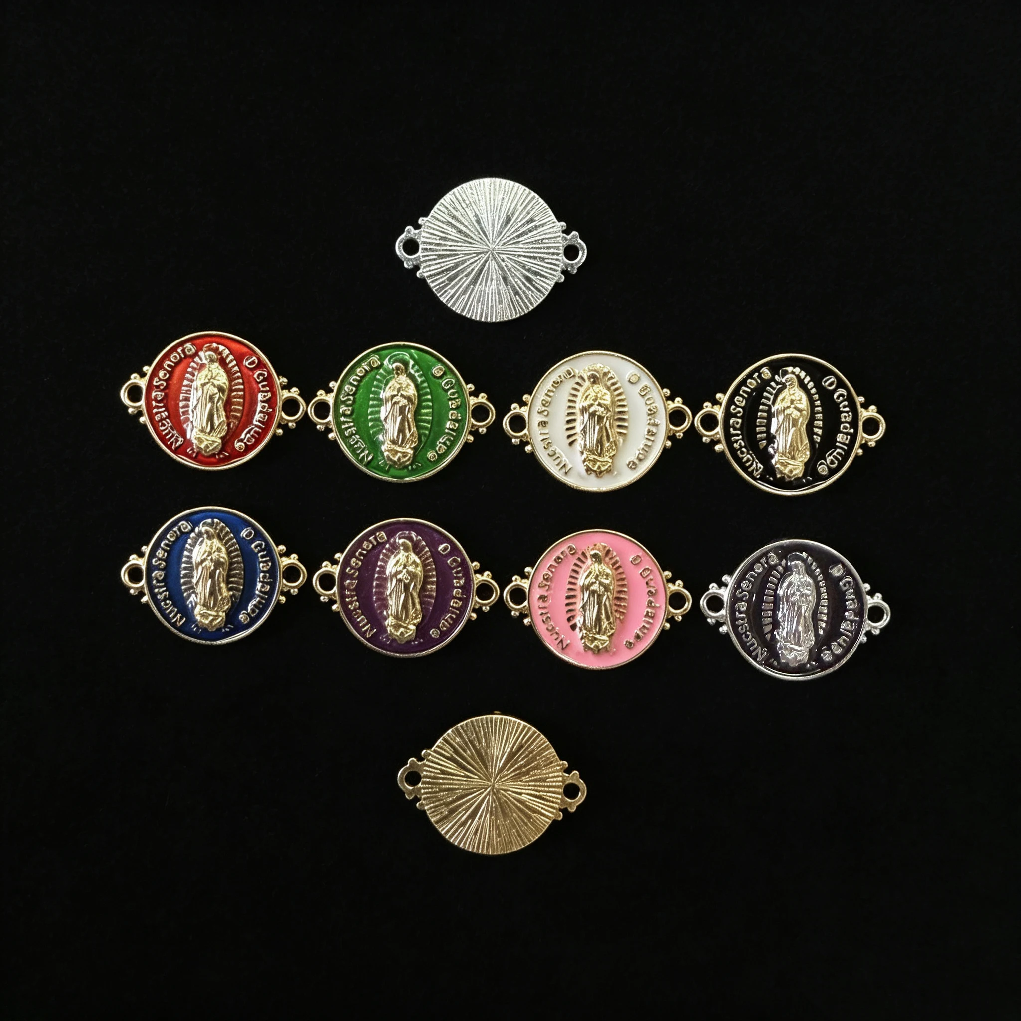 10Pcs Double Loops Enamel Guadalupe Medal Connectors Two Sided Radiant Back Zinc Alloy Religious Links Rosary Bracelet Necklace