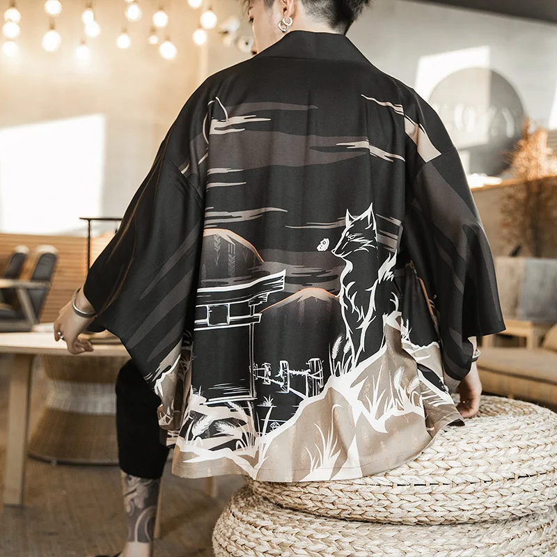 Plus rozmiar 3XL 4XL Haori Yukata Kimono tradycyjny japoński samuraj kardigan modny nadruk męska z długim rękawem płaszcz Streetwear