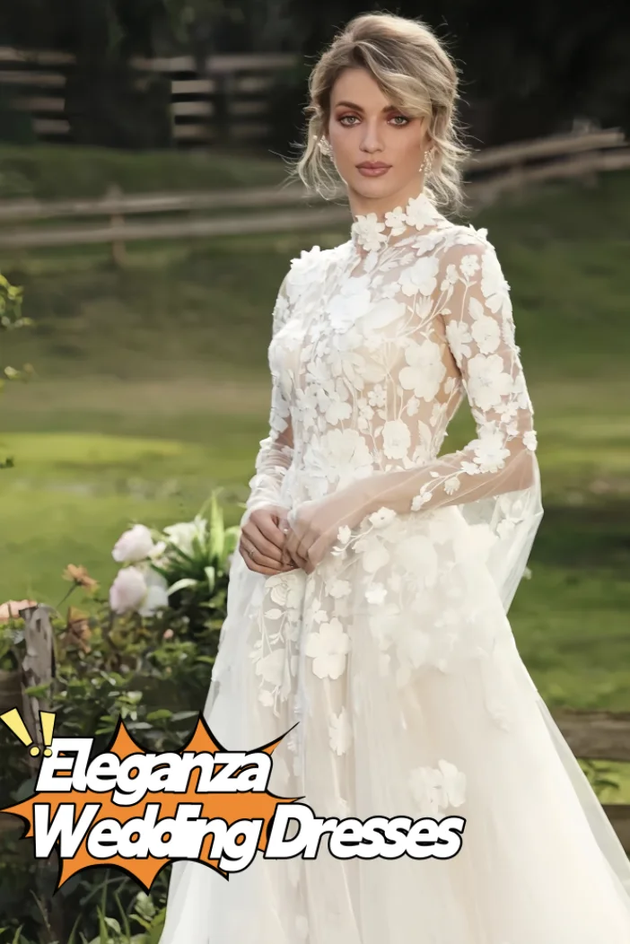 

Свадебные платья трапециевидной формы из тюля с высоким воротом и длинными рукавами по индивидуальному заказу, с вырезом сзади и скользящим шлейфом Rode De Morri