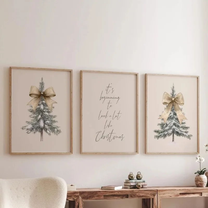 Neutral Beige Christmas 3 Pcs Canvas Wall Art Golden Bow Xmas Tree Quote Prints Minimal Winter Living Room Home Decor Unframed