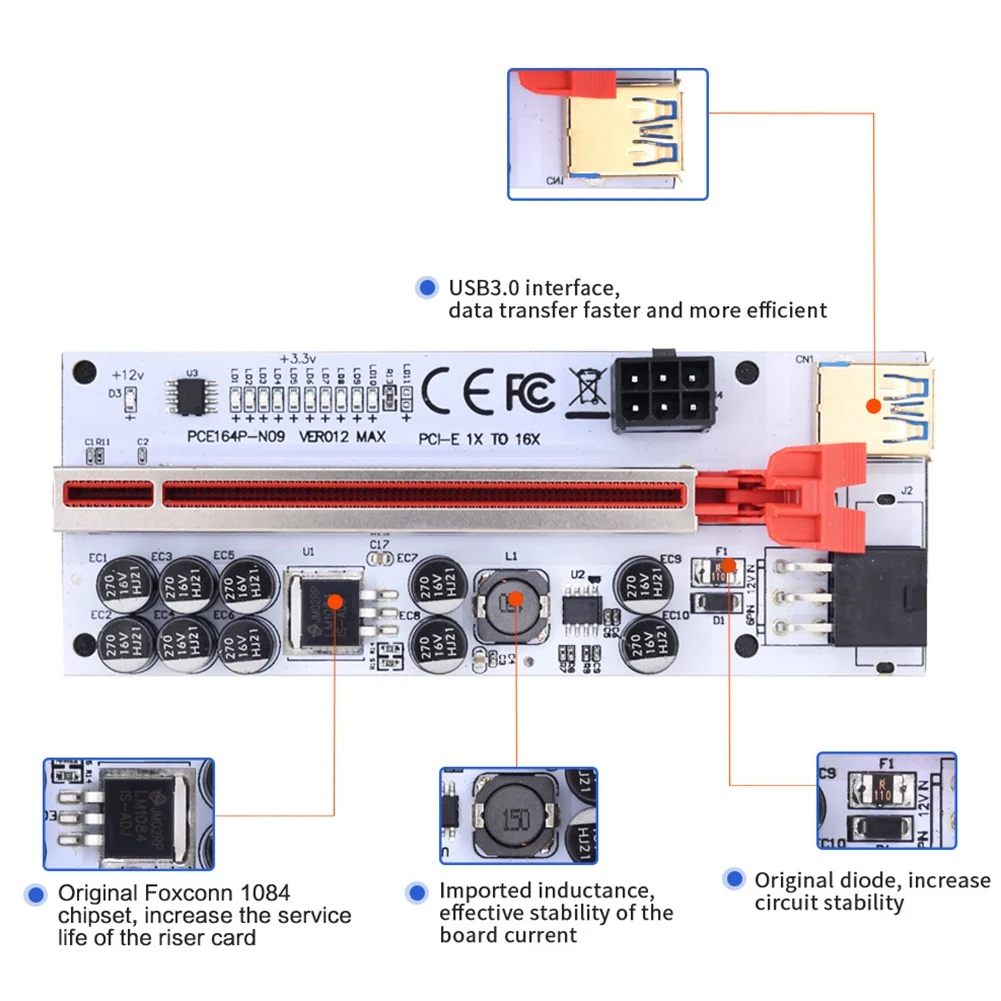 Riser VER012 USB 3,0 PCI-E Riser VER012MAX Express Cable Riser para tarjeta de vídeo X16 extensor PCI-E Riser Card para minería