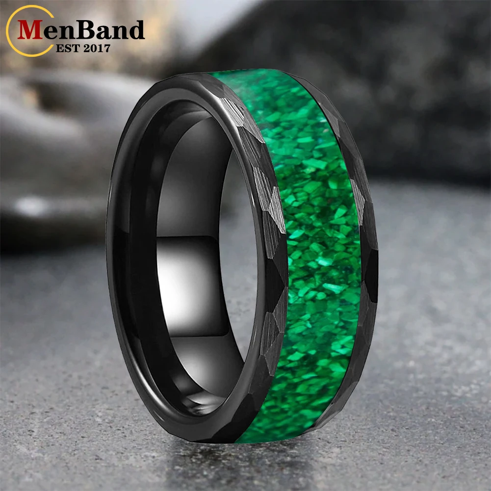 MenBand 8 مللي متر الأسود مطروق الأخضر أوبال البطانة التنغستن خواتم الزفاف العصابات الذكرى مان خاتم رجالي هدايا محفورة مجانية