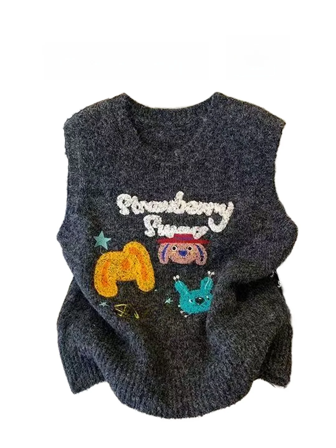 

Autumn Winter Soft Woolen Cartoon Design Women's Knitted Sweater V-Ne Svel Vest Korean Sle Stand Fit Big Size