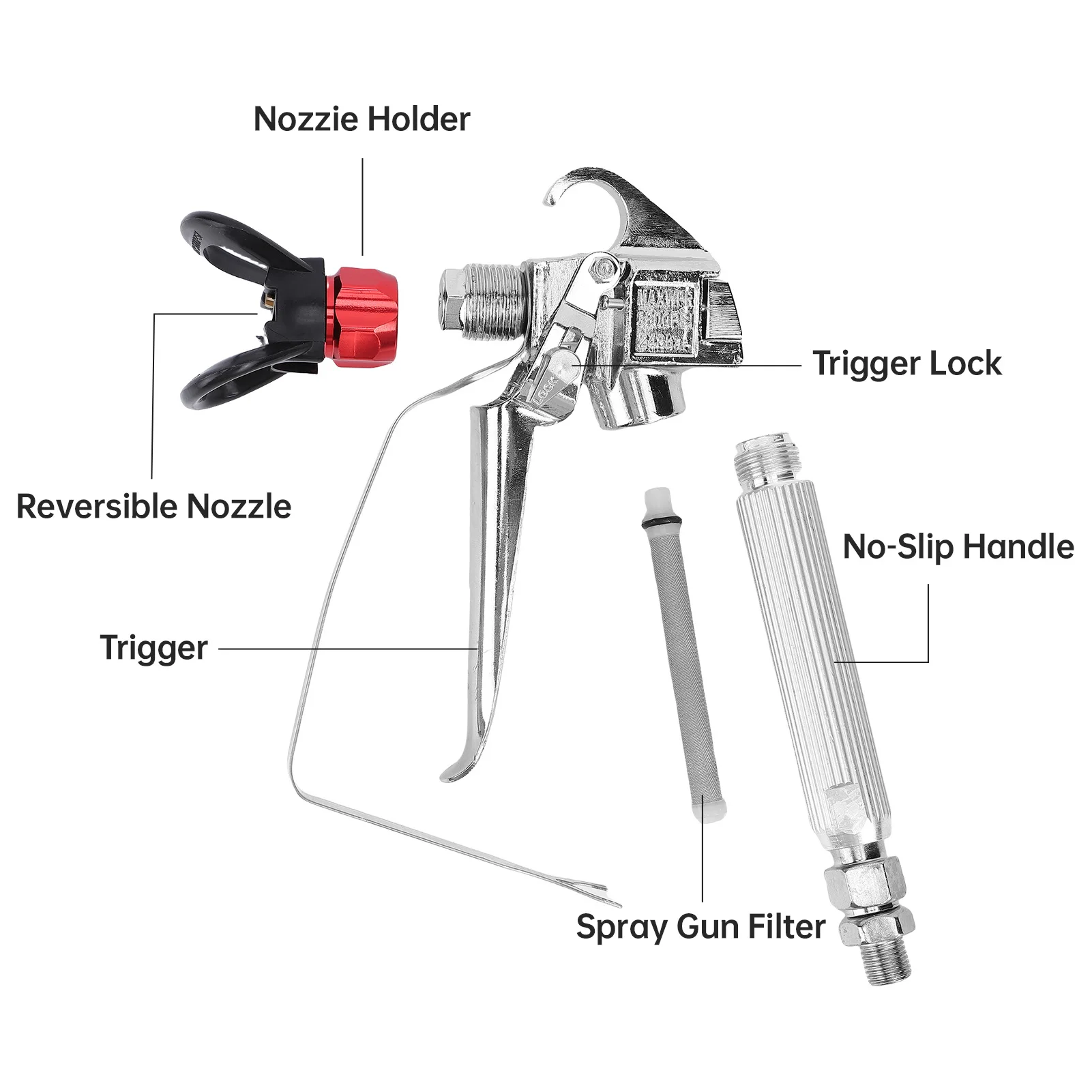 22 قطعة طقم بخاخ طلاء بدون هواء خرطوم 50 قدم 6 فوهات قابلة للعكس (211,313,415,515,517,623) 4 قضبان تمديد 6 أداة دليل المرشحات