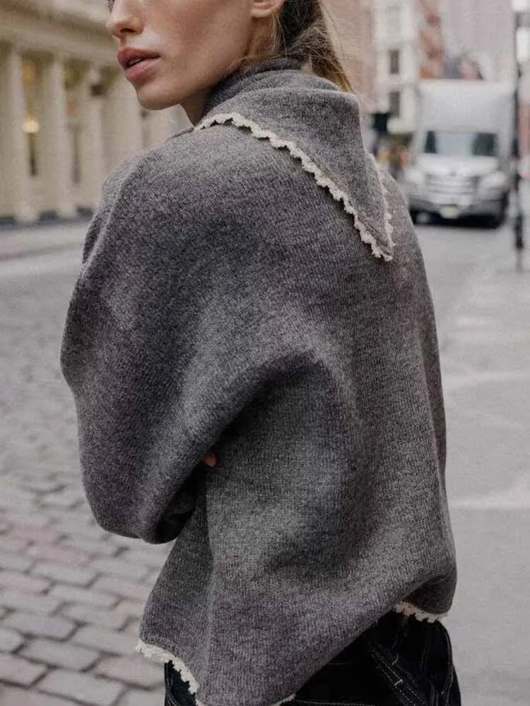 

New Hot Sale European American Style Winter New Women's Long-sleeved Round Neck Headscarf With Lace trim knitted cardigan