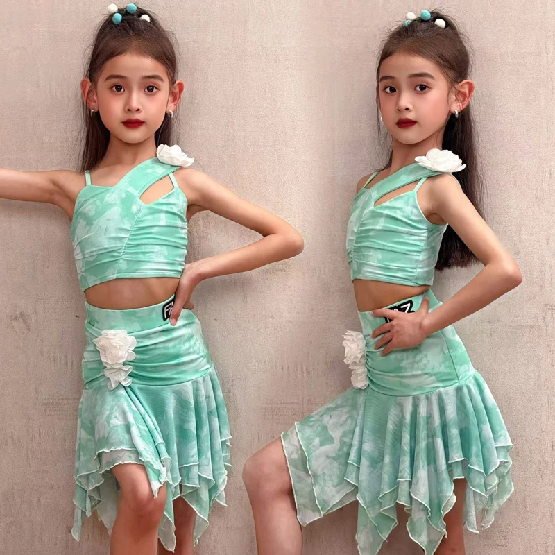 New advanced Latin dance girls' professional performance dress, mint green printed flower Latin dance dress, two-piece set
