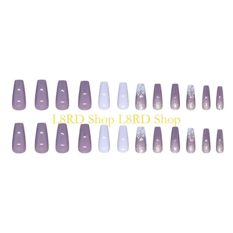 L8rd 24pcs متوسطة الضغط على التدرجات الأظافر الأرجواني المربع الأرجواني مع أظافر كاذبة مع تصاميم الزهور على الأظافر للنساء