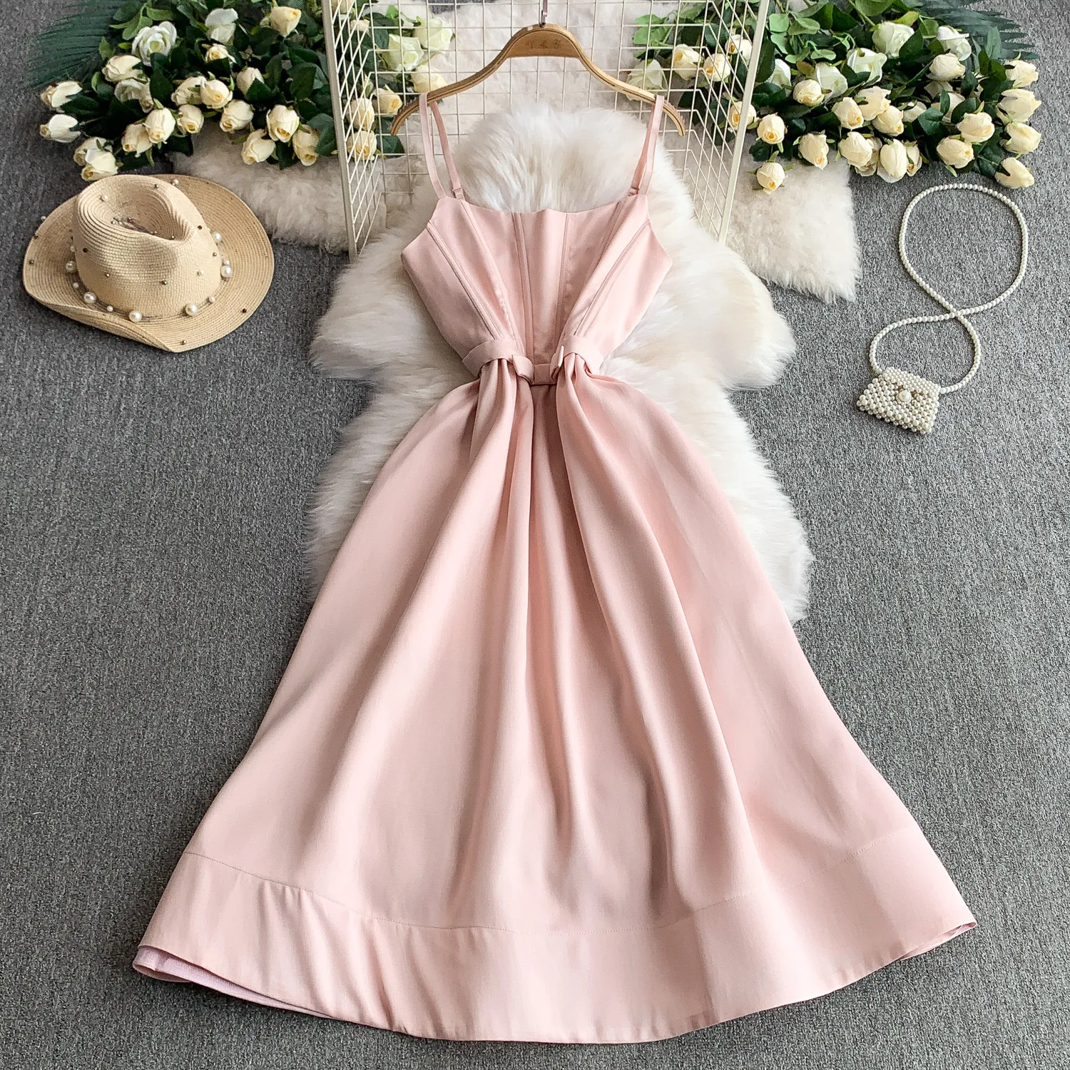 

French Gentle Style Pink Fishbone Sling Dress Women Summer High-grade Satin Waist Midi Dress Solid Color Female Vestidos 2025