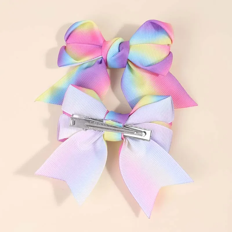 ncmama 2Pcs Gradient Rainbow Hair Clips Cute Ribbon Bow Hairpin for Children Sweet Girl Handmade Barrettes Baby Hair Accessories