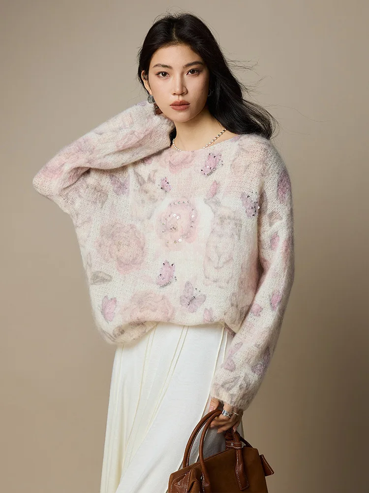 Suéter feminino de lã mohair outono inverno coreano 30% mohair 27% lã floral miçangas pulôveres, tops
