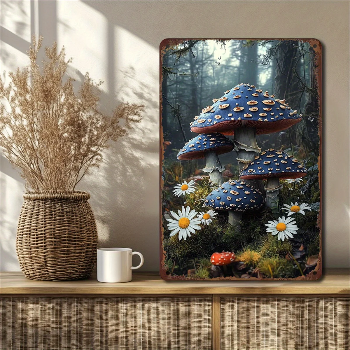 2D flache, Vintage Blue Mushroom Metallwandkunst – Walddekoration mit blauen Pilzen und Gänseblümchen – robustes Eisen-Blech-Poster für