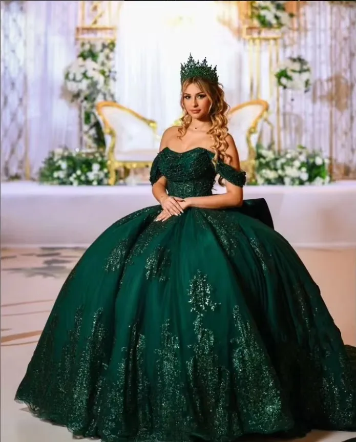 sachin and babi light blue dress Off Shoulder Sleeveless Tiered Ruffles Emerald Green Quinceanera Dress –  WADAYUYU Dresses main image 1