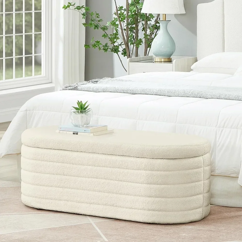 Storage Bench, Upholstered Oval Ottoman, End of Bed Stool with Safety Hinge for Bedroom, Living Room, Entryway