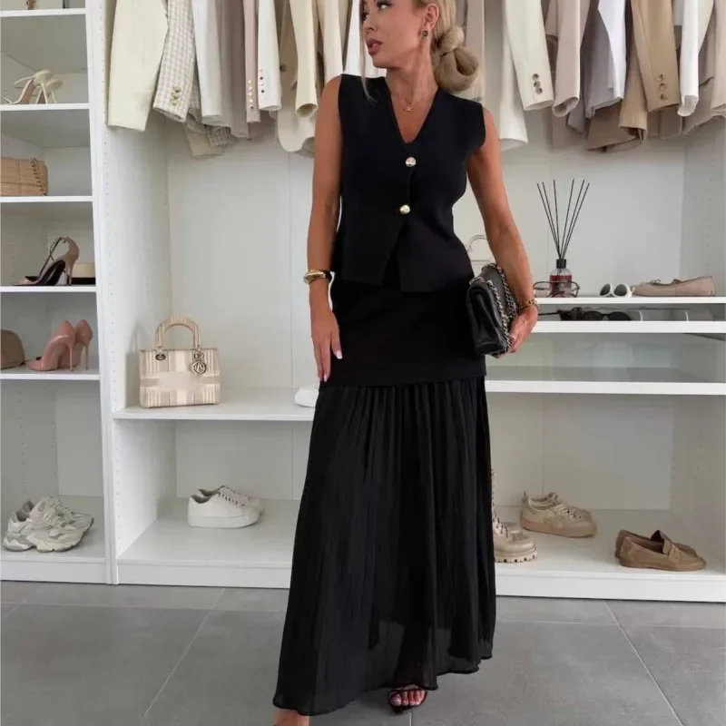 

Button V-neck Vest Sets Women Elegant Patchwork Pleat Loose Ankle-Length Skirt Set 2025 Summer Lady Office Solid Outfit