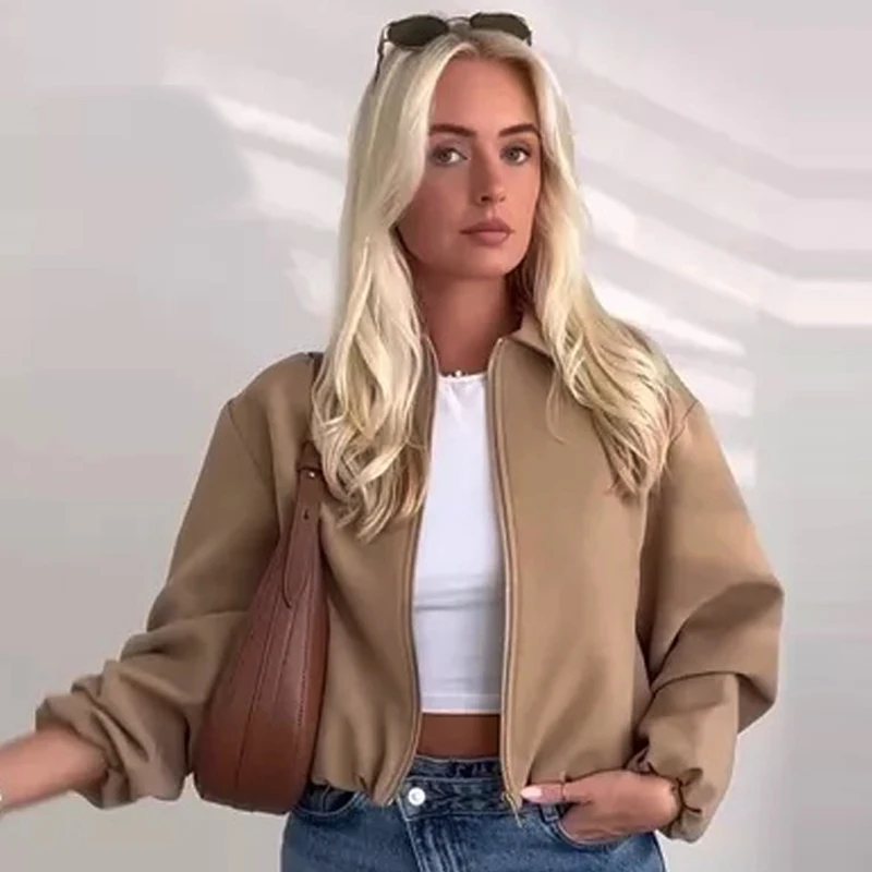 HXAO Dames Bomberjack Herfst 2025, Bladerdeeg Beige Crop Coat Oversized Jas Met Rits Plus Size Lange Mouwen Tops Losse Outerwears