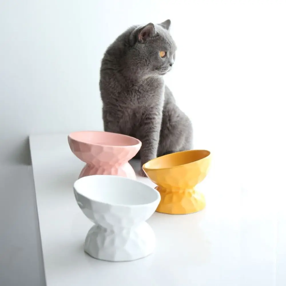 Ceramic Cat Bowl Slanted Mouth Creative Pet High Foot Bowl Non-slip Anti Tipping Pet Drinking Feeder Water Container