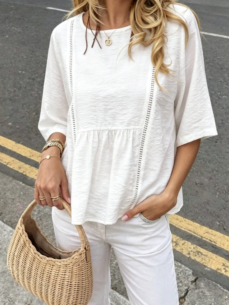

New 2026 Fashion O Neck Short Sleeve Women Blouse Summer Casual Loose Solid Color Woman Tops Cotton Linen Women Clothes