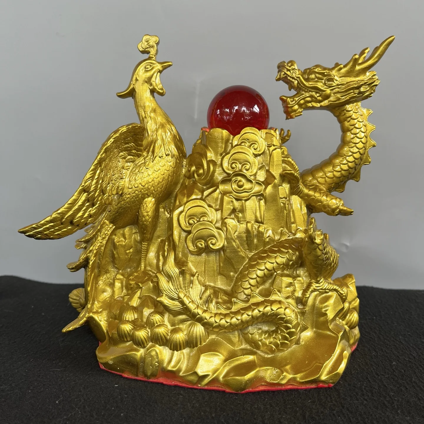 Old Brass Dragon and Phoenix Statues Zhuzi Mountain Base Study screen Amass wealth Ornaments Town house Exorcism