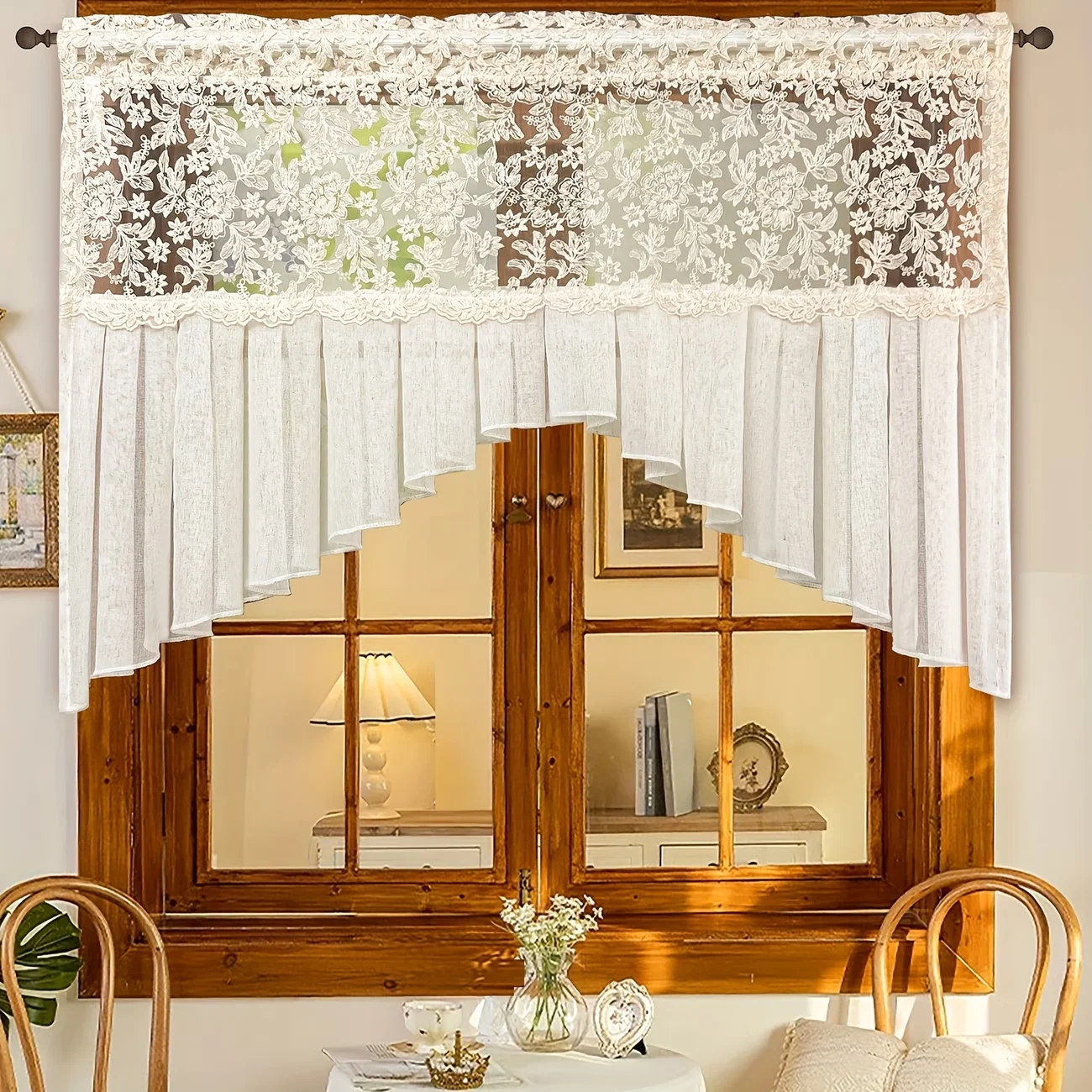 1PC Luxury Embroidered Floral Triangle Valance with Rod Pocket,  Ruffled Vintage Sheer Farmhouse Curtain for Kitchen Dining Room