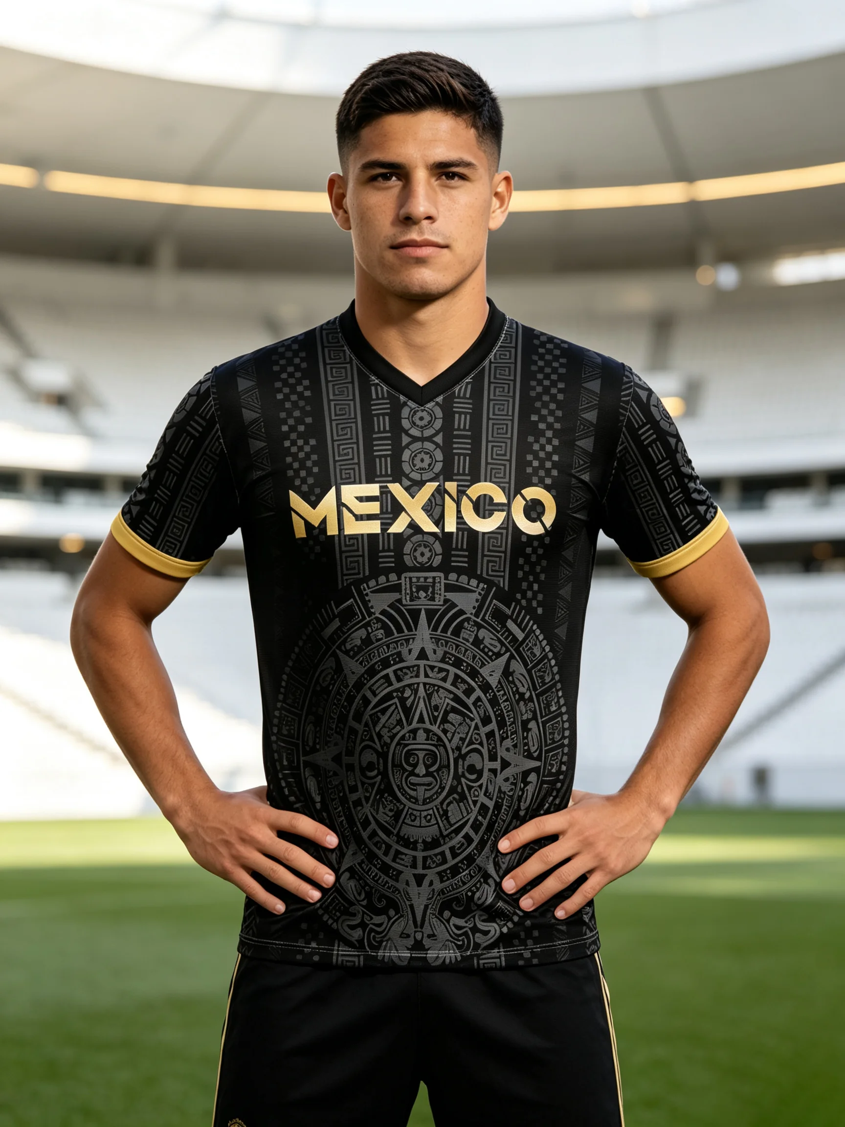 2026 Mexico football jersey, premium golden Aztec calendar and national‑eagle print, classic V‑neck short‑sleeve top