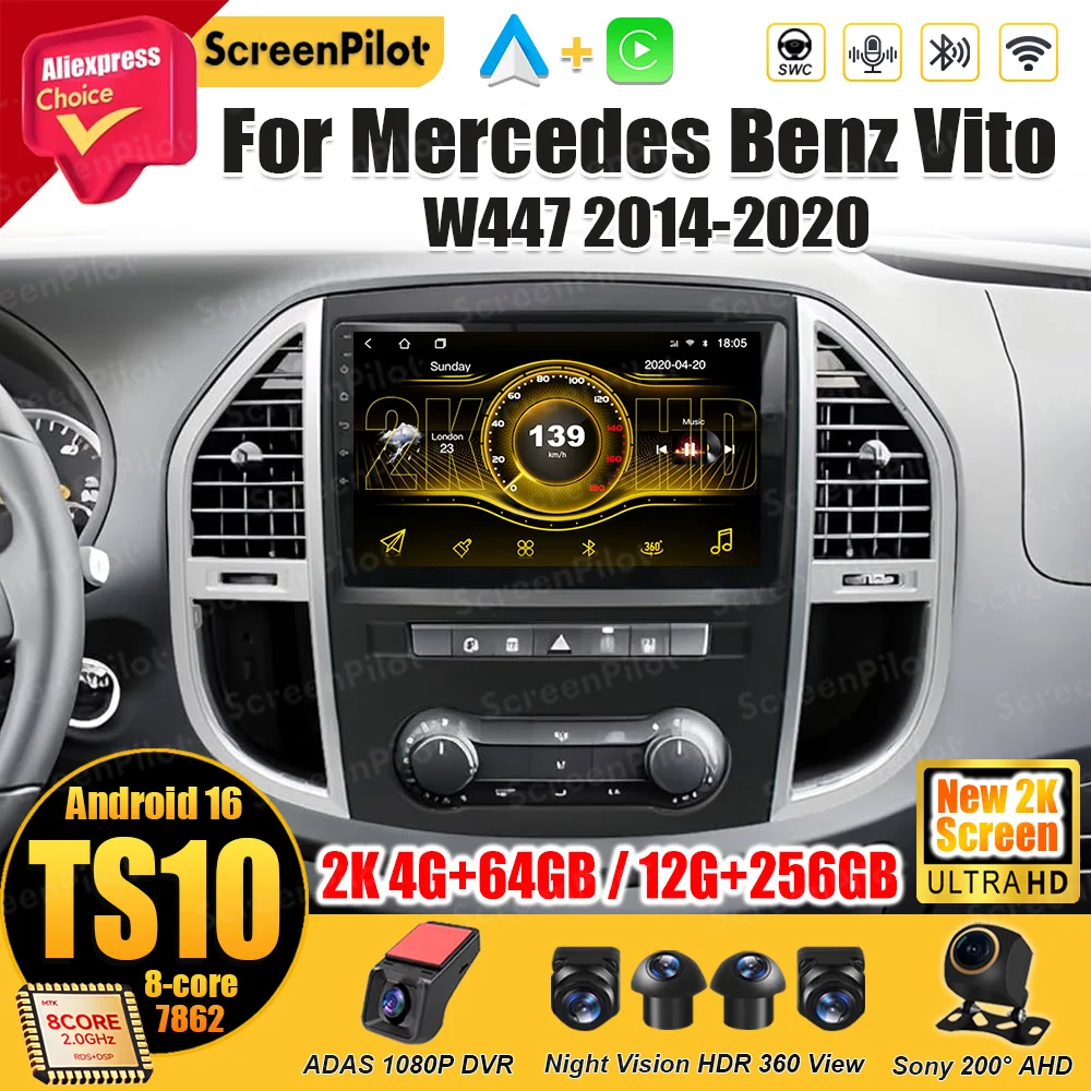 For Mercedes Benz Vito W447 2014-2020 Android 16 Car Radio Multimedia Video Player Carplay Stereo Head Unit Touch Screen 10 Inch