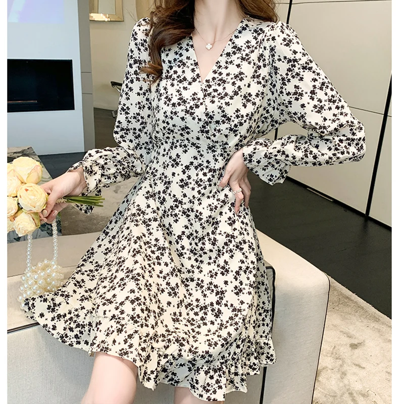 

ODFVEBX 2024 Spring Autumn Chiffon Dress women's clothes V-Neck Vintage Print Dresses Female Short Bohemia Long Sleeve Dress