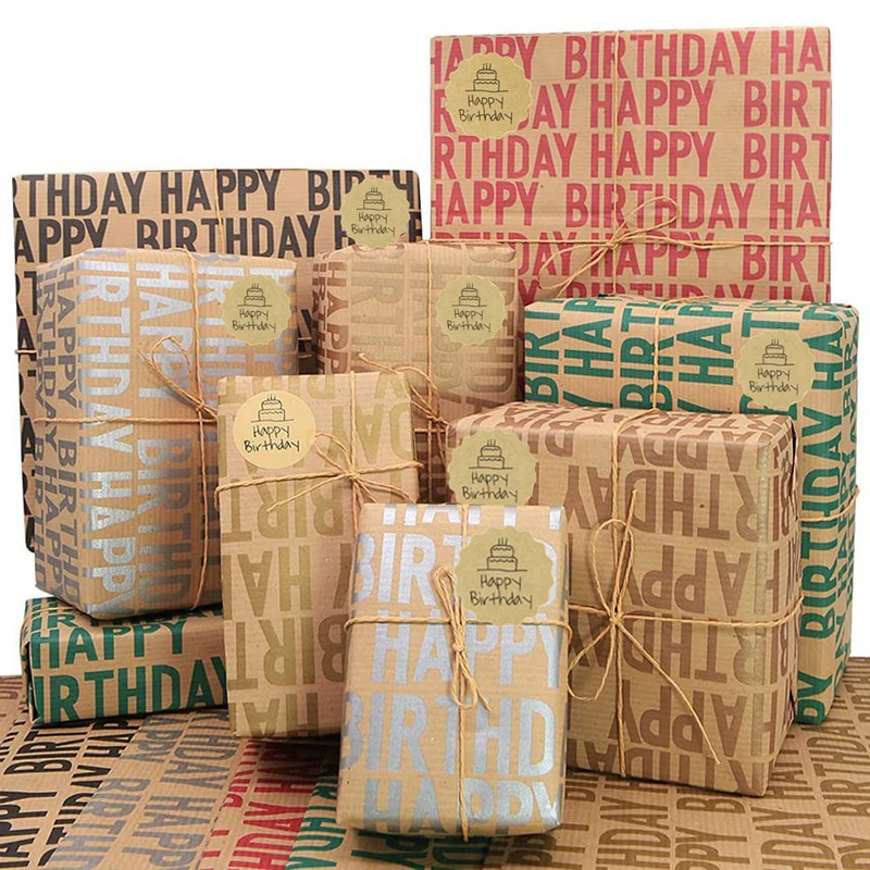 Kraft Birthday Gift Wrapping Paper,12 Sheets Folded Paper With Jute Strings,Stickers And Bows For All Birthday Occasions