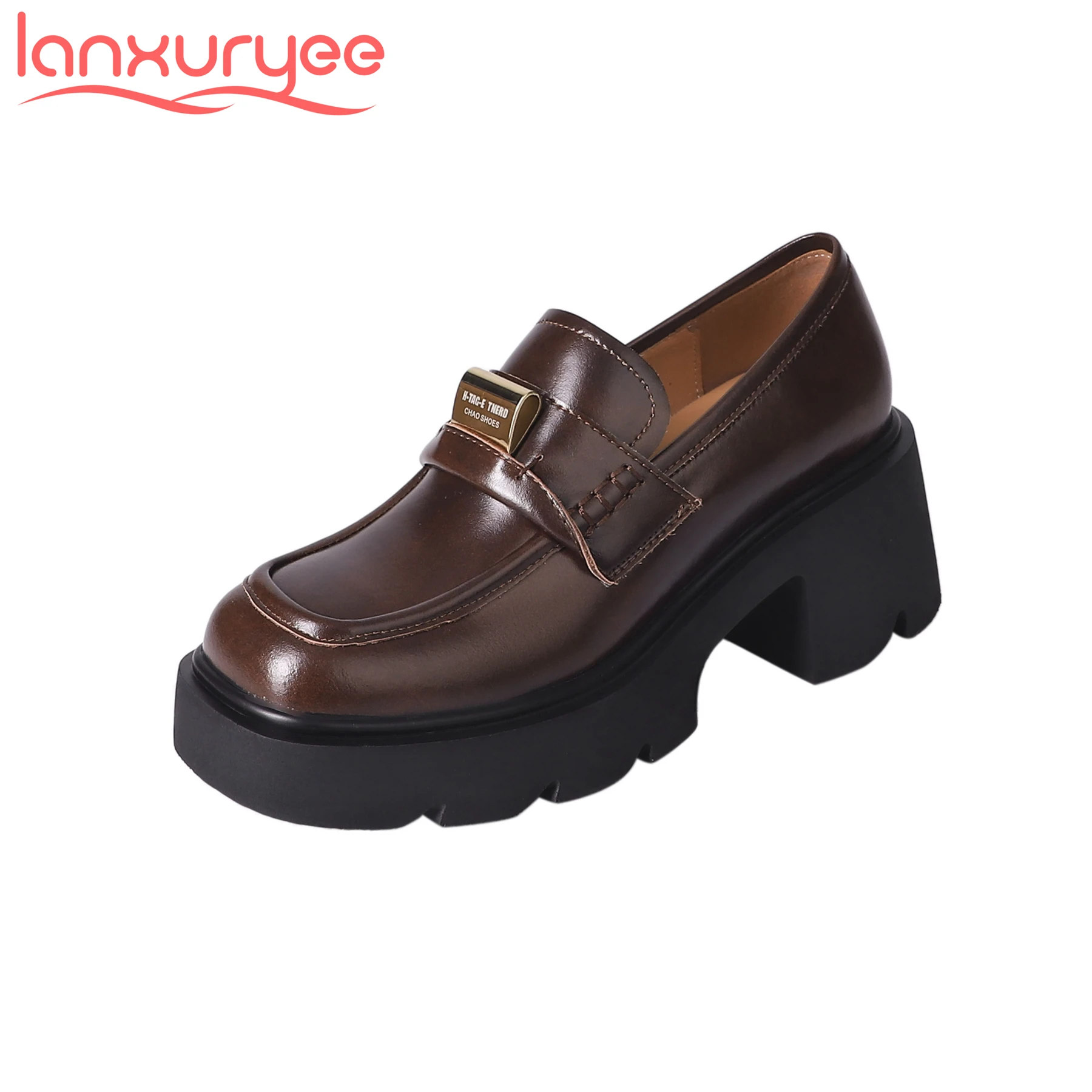 

Lanxuryee Fashion Cow Leather Square Toe Slip On High Heels Platform Spring Shoes Vintage Casual Runway Preppy Style Women Pumps