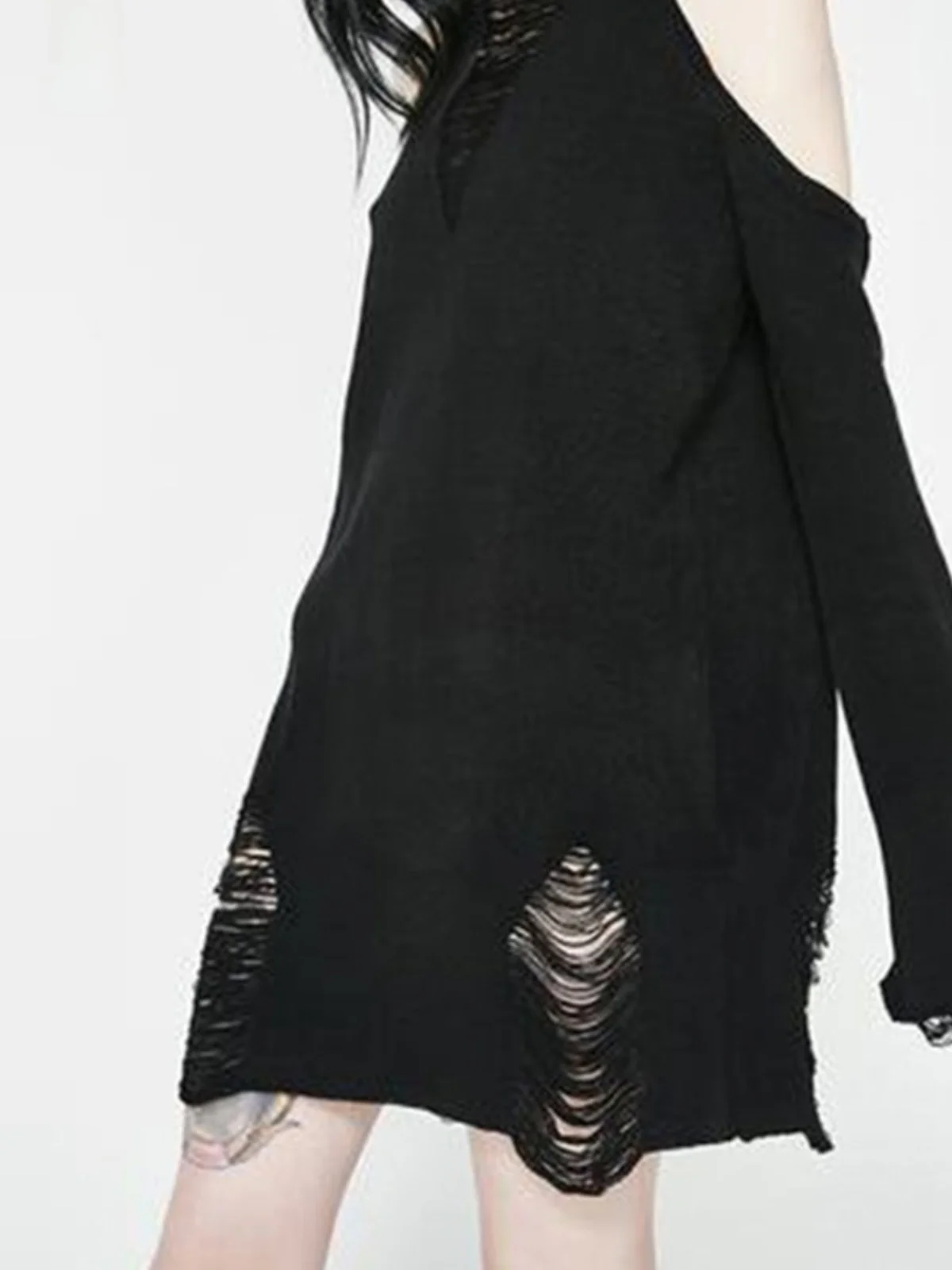 

Модный черный вязаный свитер с открытыми плечами, длинными рукавами и круглым вырезом, свободный крой, в стиле панк, повседневный топ, женский свитер из премиального хлопкового смесового материала