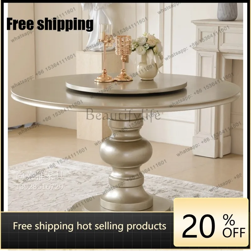 JJ French light luxury solid wood dining table modern simple household round European champagne gold round table