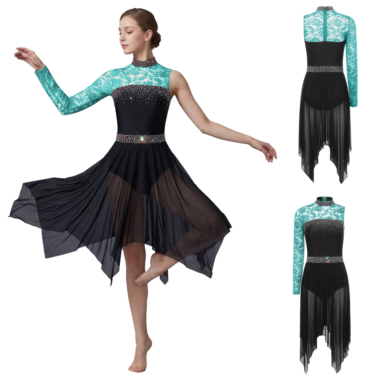 

Women Modern Dance Costume Single Sleeve Dress Floral Lace Mesh Patchwork Rhinestone Classical Ballet Dance Outfit Lyrical Dress