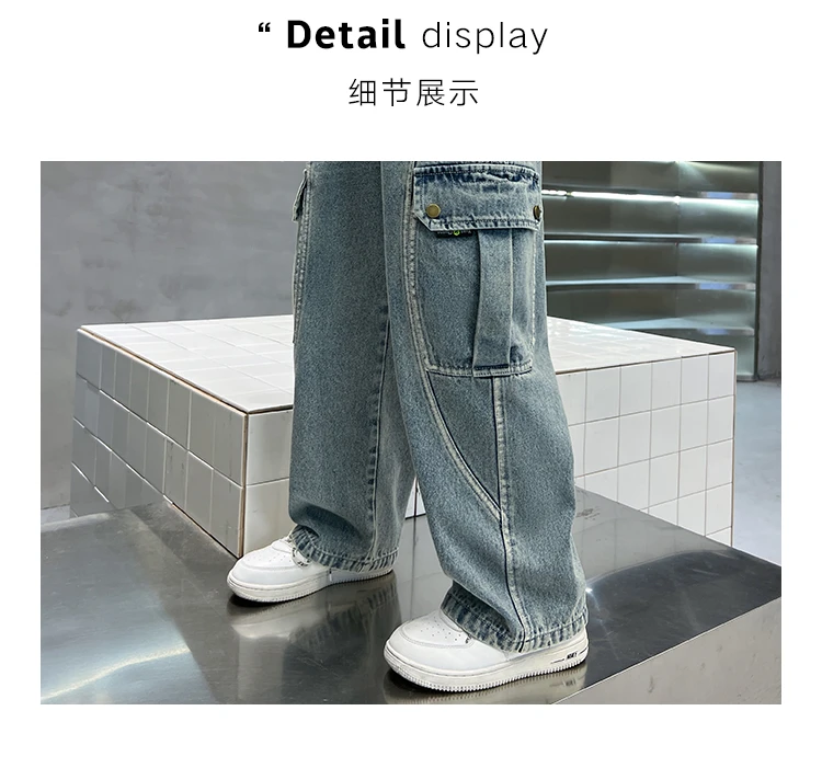 Neue lässige Kinder-Cargo-Jeans mit geradem Bein und Taschen für Teenager-Jungen, modische Street-Denim-Hosen, elegante Hosen für Kinder. – Detail 17