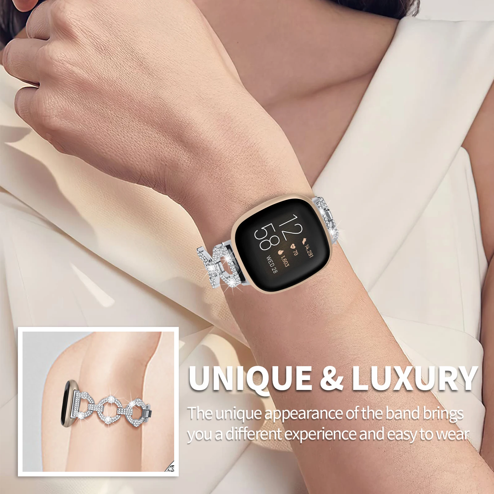 Metal Bling Bracelet For Fitbit Versa 4 Sense 2 Band Watch Strap Replacement Bling Watchband For Fitbit Versa 3 Sense Wristband