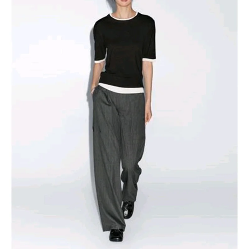 

Autumn New Sle Women's Commuter Knitted ort Sve round Ne Double Layer Design T-irt Casual Loose Polyester Fiber