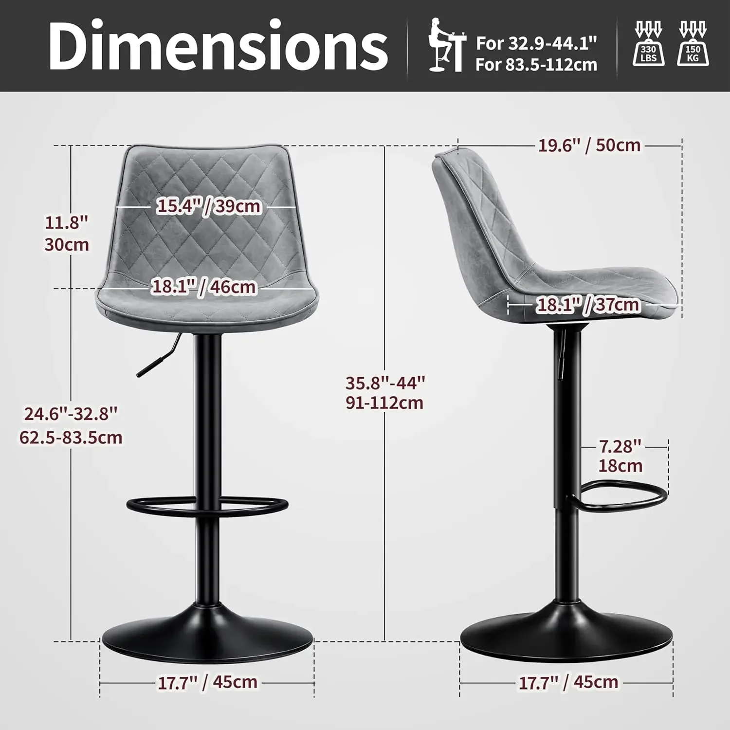 Modern Bar Stool Height Adjustable Scratch-Resistant Leather Bar Chair X-Large Base and Seat Bistro Stool