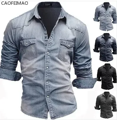 2025 New Men's Shirt Business Casual Single Breasted Fashion Solid Color Men Denim Shirts Autumn Slim Lapel Male Blue Jean Tops