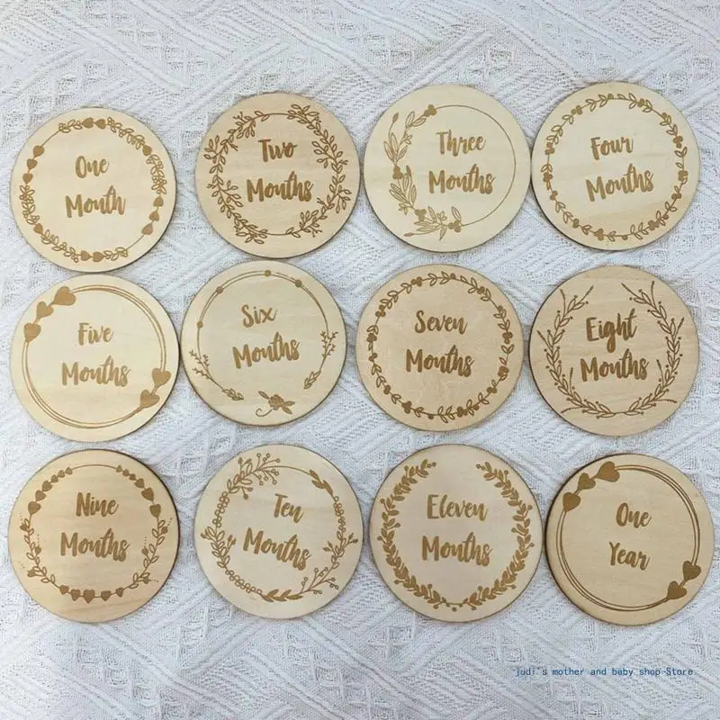 12 Pcs/Set Milestone Baby Wooden Cards Teether Newborn Birthday Monthly Recording Birth Anniversary Cards Gifts for Photography