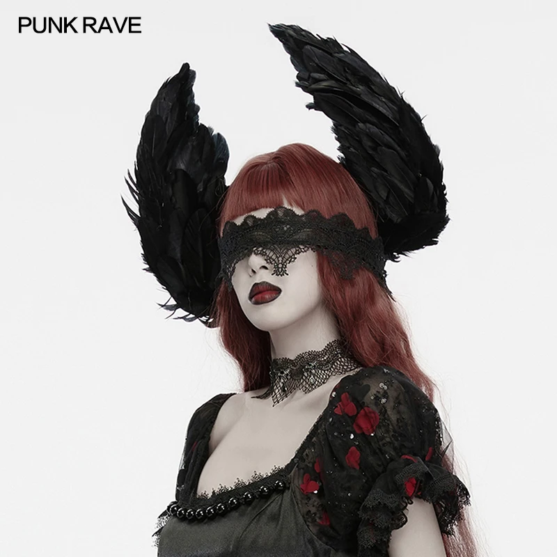 PUNK RAVE Women's Dark Gothic Angel Feather Lace Headband Symmetrical Wings Dark Yet Sweet Theme Party Halloween Accessories