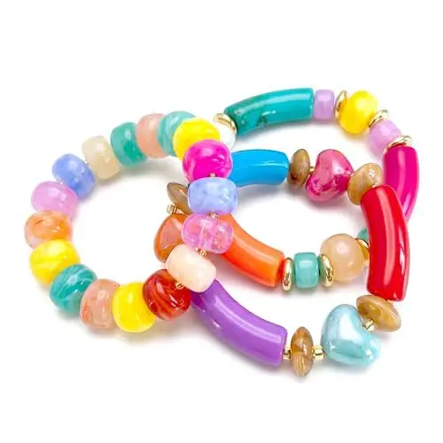 Boho Turquoise Resin Beaded Stackable Bracelets for Women,Gold Tube Clear Crystal Stretch Bracelet Set Summer Beach Vacation