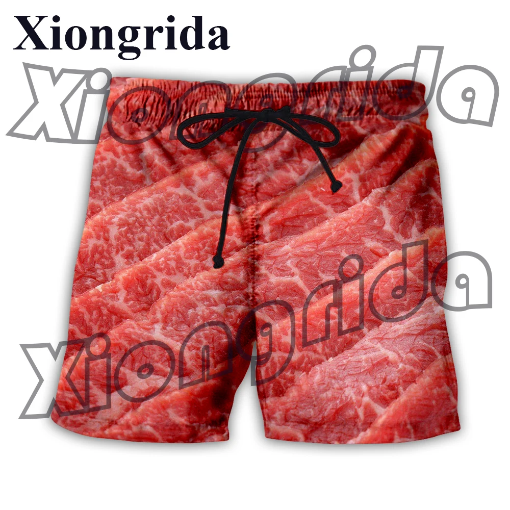 Pantalones cortos divertidos con estampado de carne para hombre, bañadores de cintura elástica con estampado 3D de cerdo crudo, pantalones cortos de