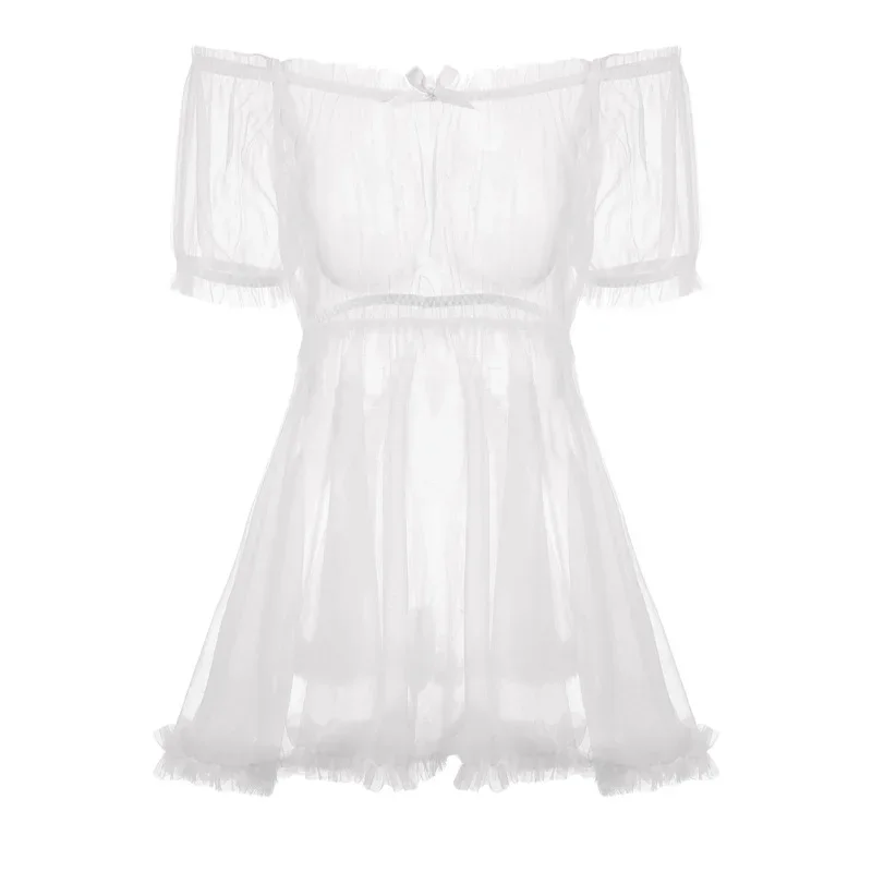 Cute Sweet Sexy Sleepwear with Perspective and Seductive Skirt Teasing or Alluring on The Bed Endless Temptation and Passion Set