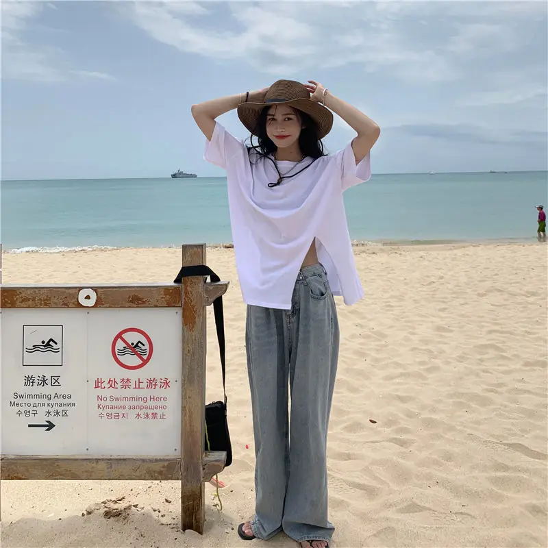 Solid T-shirts Women Summer Sweet Girls O-neck All-match Causal Simple Irregular Korean Style Side-slit Short Sleeve Trendy Chic