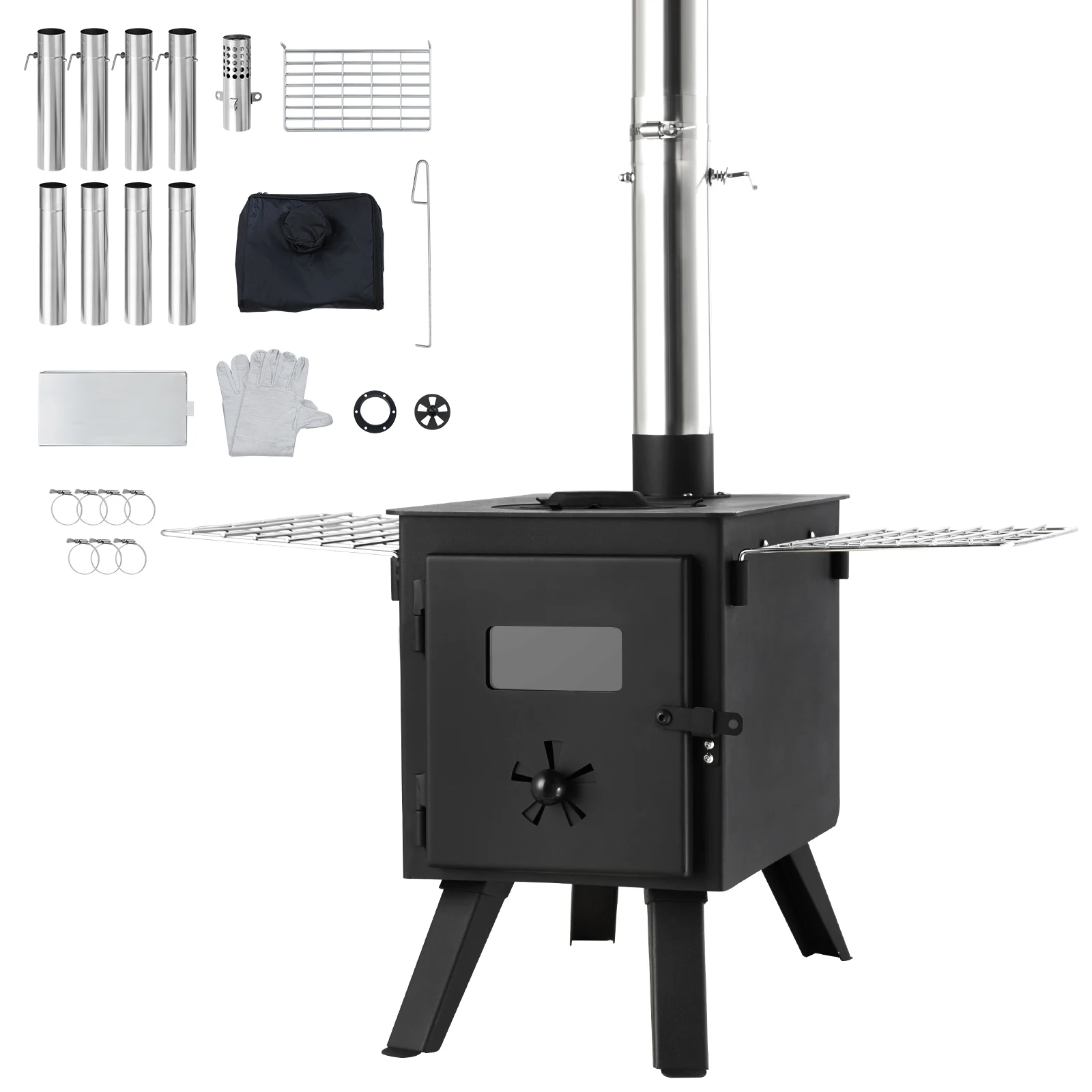 Wood Stove, 86 inch, 1400in³Firebox Hot Tent Stove for Outdoor Cooking and Heating with 8 Pipes, Alloy Steel Camping Tent Stove, Portable Wood Burning Stove with Chimney Pipes & Gloves