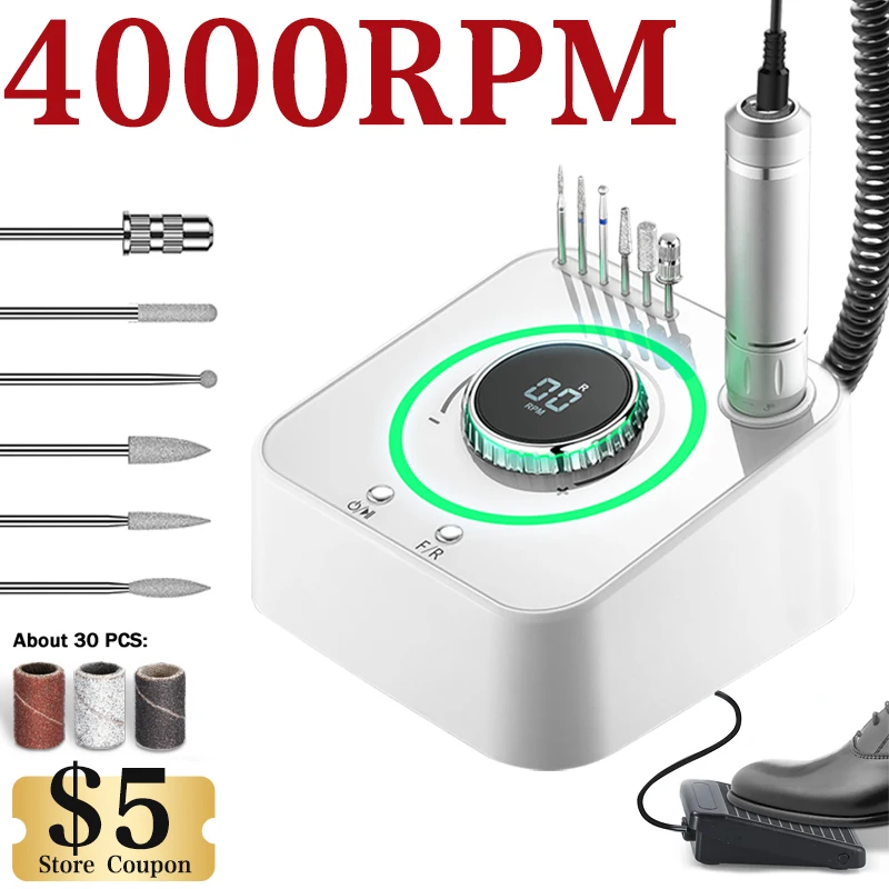 Conjunto de broca elétrica para manicure, 40000 rpm, máquina de broca para unhas, lixa de unhas, ferramentas profissionais com função de memória para unhas acrílicas