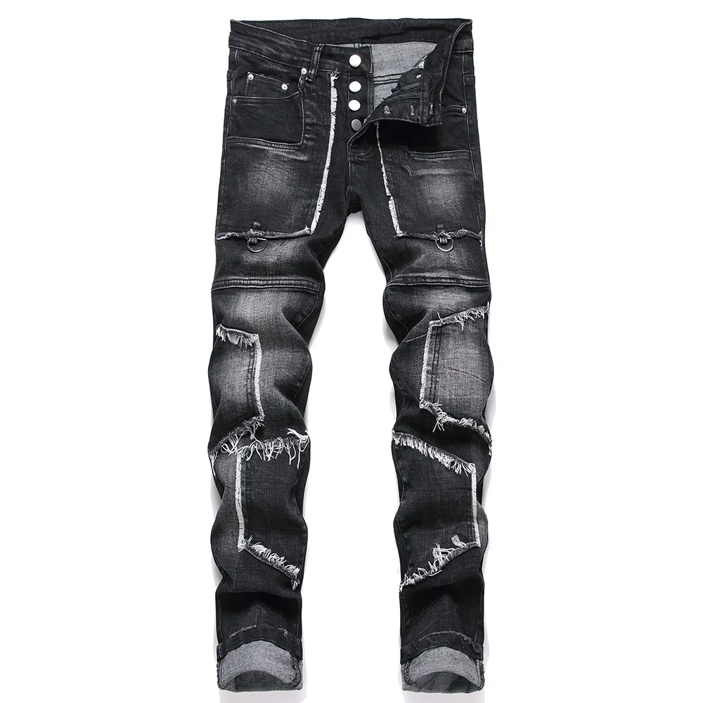 

Men Fringe Patch Stretch Denim Jeans Streetwear Buttons Fly Slim Straight Pants Patchwork Ripped Trousers Black Blue