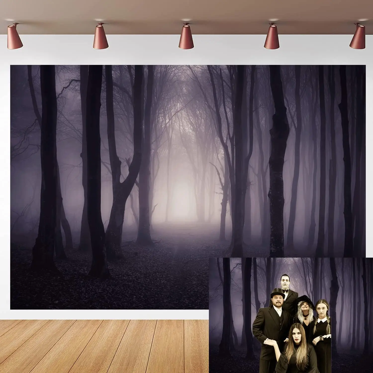 ภาพสยองขวัญพื้นหลังสำหรับการถ่ายภาพวันฮาโลวีนป่าหมอกทำจากไม้สำหรับเด็กวันเกิดของทารกแรกเกิดฉากหลังรูปภาพสำหรับอาบน้ำอุปกรณ์ประกอบฉากในสตูดิโอ