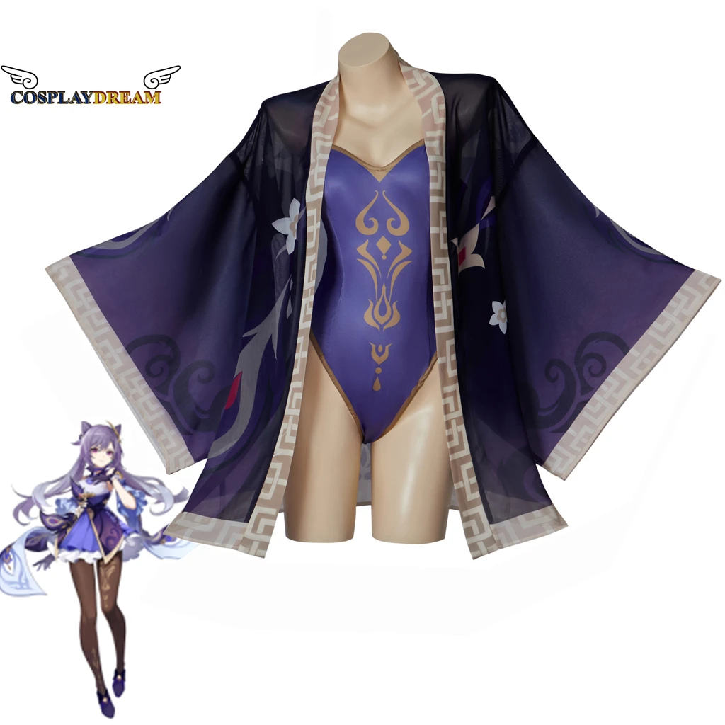 Genshin impacto keqing cosplay traje keqing maiô ke qing cover up manto conjunto bodysuit feminino roupa de banho roupa de banho