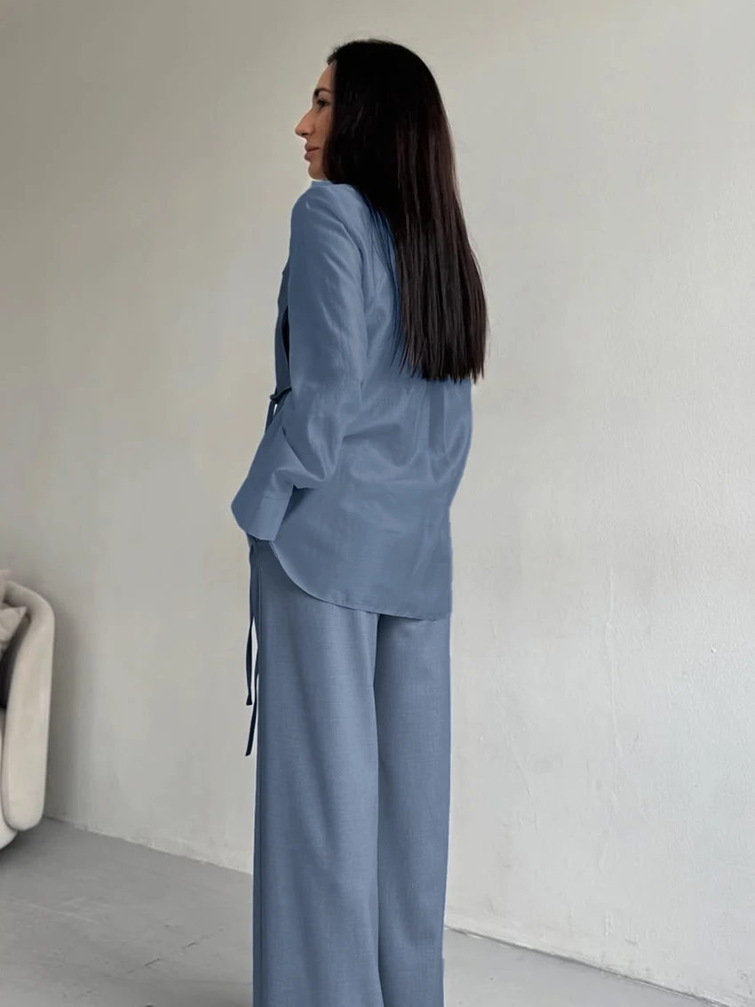 Marthaqiqi Casual Female Pajamas Suit Turn-Down Collar Nightie Long Sleeve Sleepwear Lace Up Nightwear Pants Loose Nightgown Set