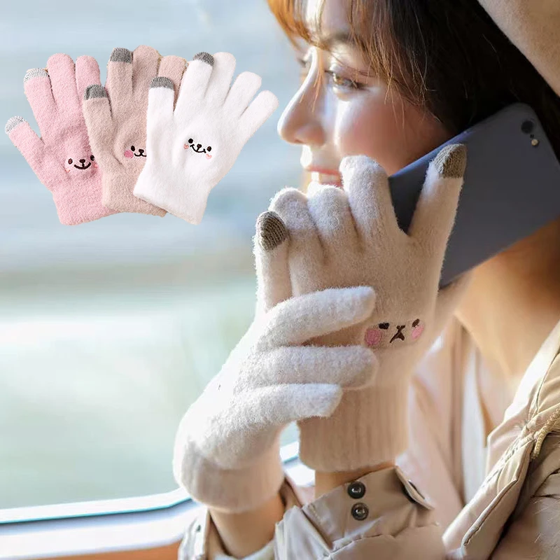 

Korean Winter Warm Touch Screen Gloves Women Cute Smiling Face Outdoor Mittens Plush Fleece Velvet Imitation Cashmere Gloves